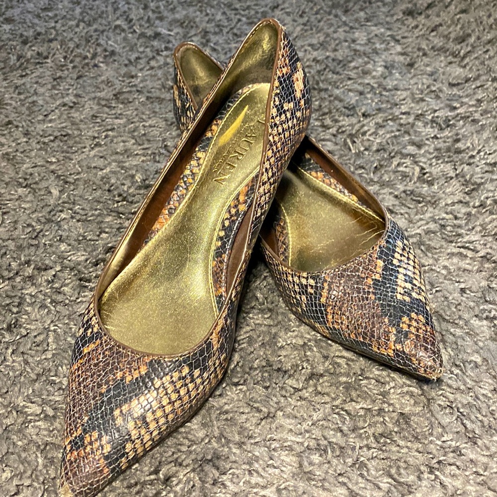 Ralph Lauren Heels Women’s Size 6B Pointy Brown Snake Skin Leather Slip on Pumps